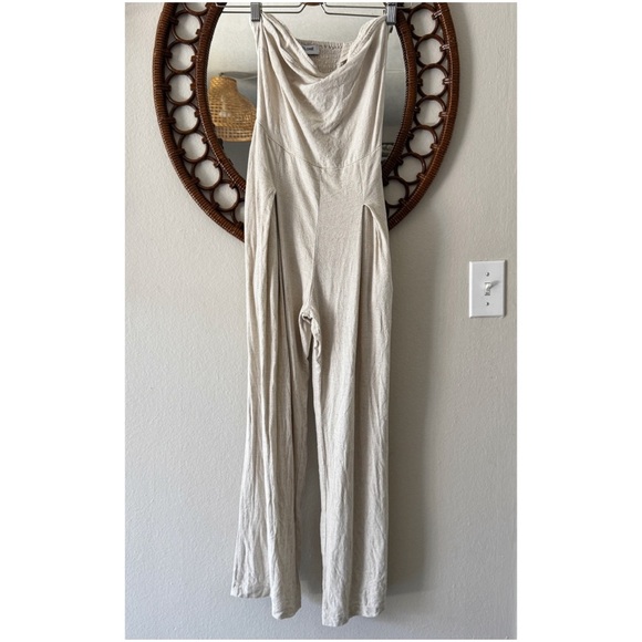 Pampelone santorini jumpsuit tan linen cotton strapless wide leg size small - Picture 1 of 10